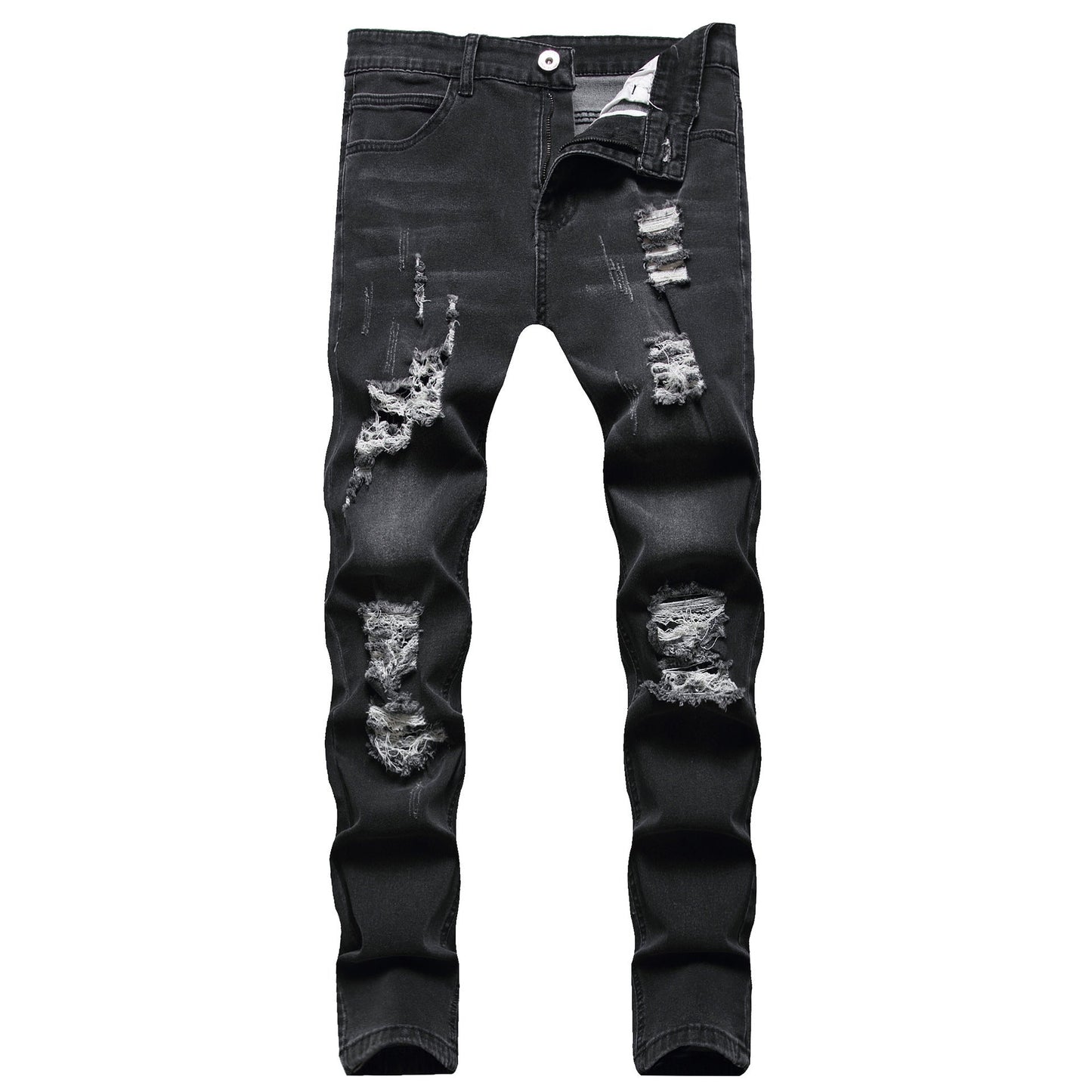 High Quality Blue Elastic Slim Fit Skinny Jeans Whisker Wrinkled Pockets Summer High Street Ins Same Ripped Washed Jean - PratSN