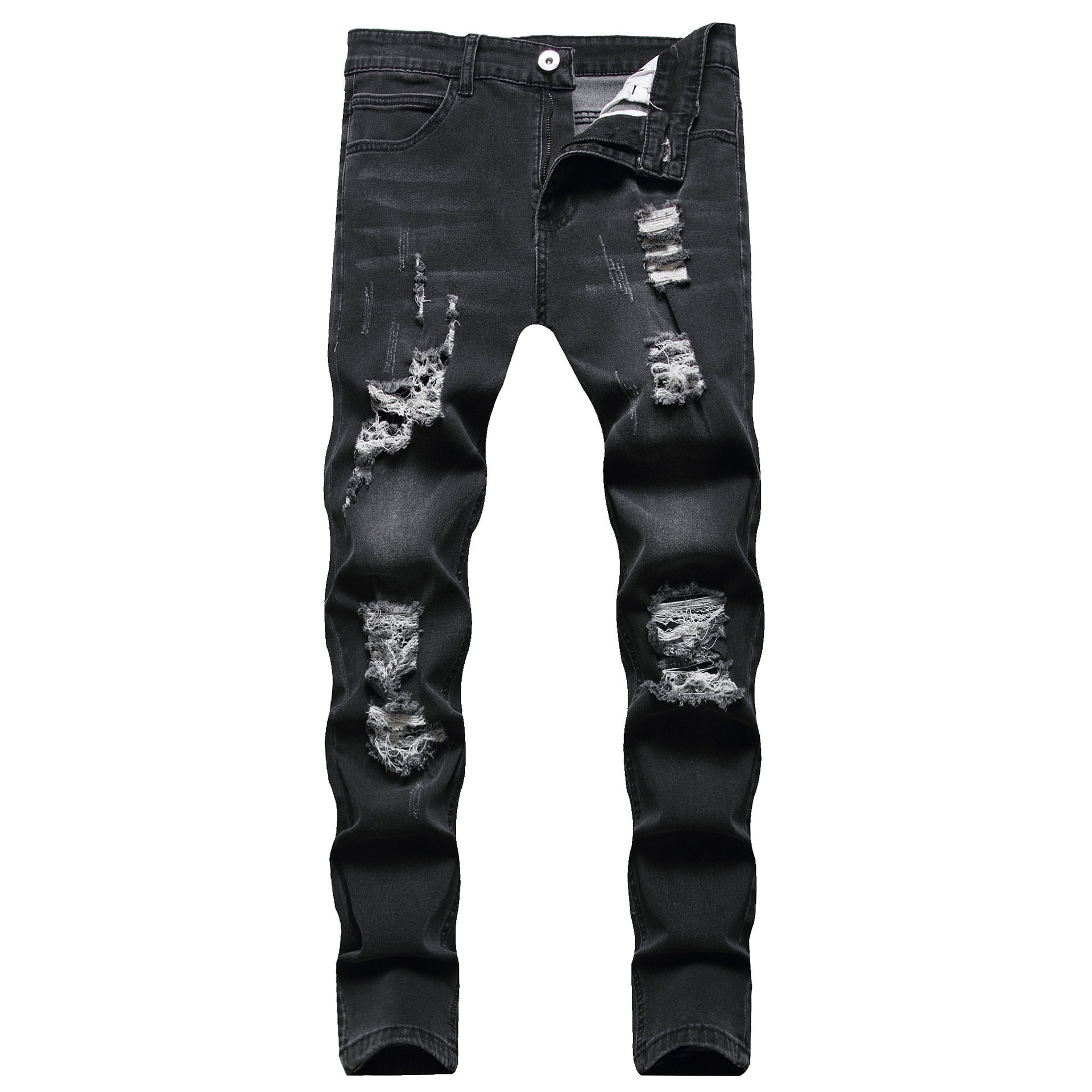 High Quality Blue Elastic Slim Fit Skinny Jeans Whisker Wrinkled Pockets Summer High Street Ins Same Ripped Washed Jean - PratSN