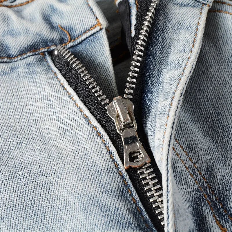 High Quality Blue Elastic Slim Fit Skinny Jeans Whisker Wrinkled Pockets Summer High Street Ins Same Ripped Washed Jean - PratSN