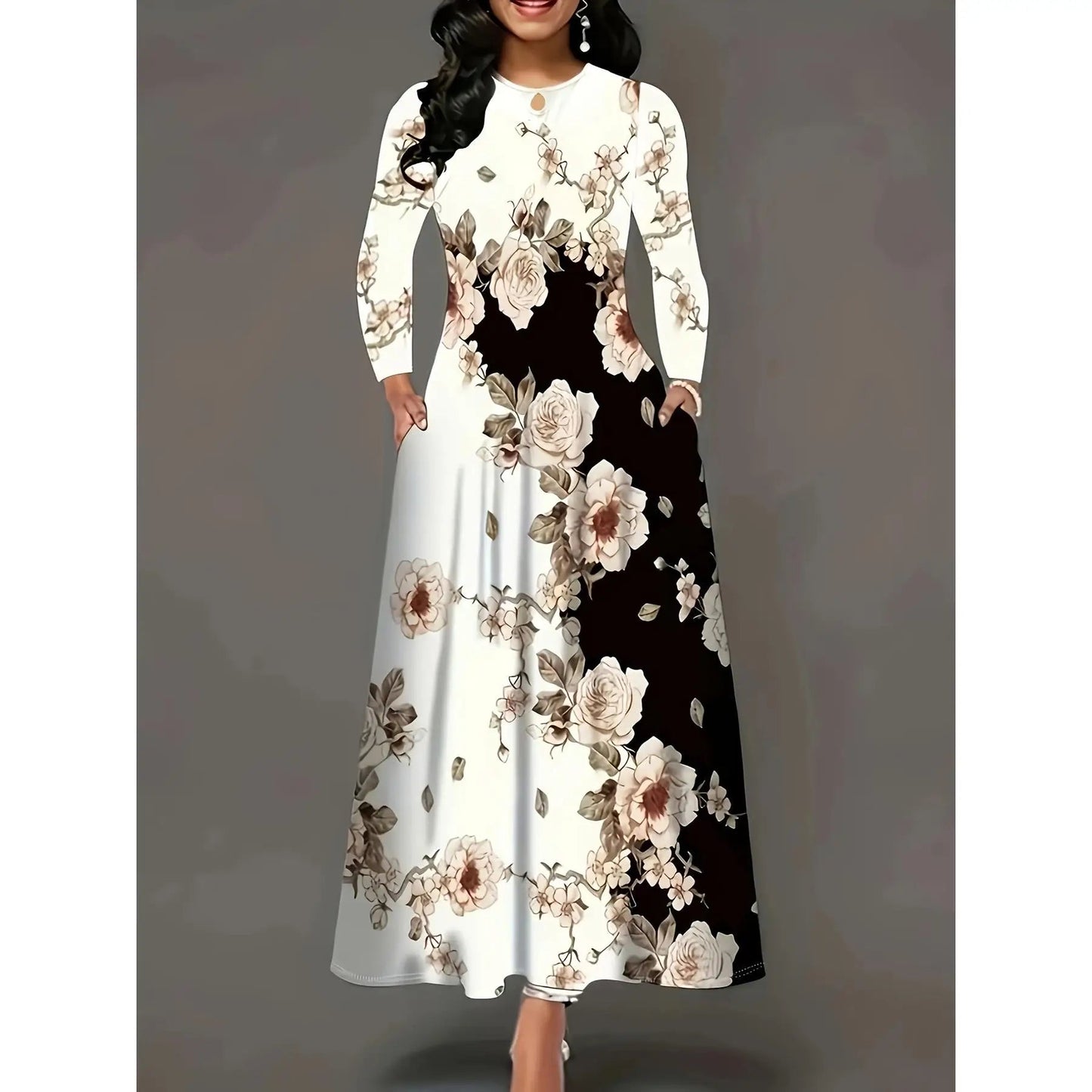 High Waist plus Size Swing Skirt with kets Long Ele Sle Women's Dr Casual Busin Suitable Polyester Fiber - PratSN