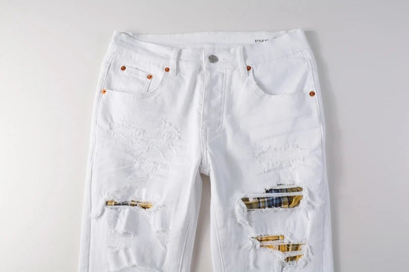 Hight Quality Embroidery Jean Patched Skinny Ripped Denim Jeans for White Jeans - PratSN