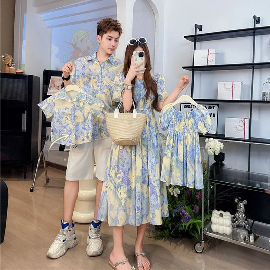 Holiday Look Family MatchingSon Floral Shirts Sister Brother Twins Clothing Clothes Vacation Mom Daughter Girls Smock Dress Dad - PratSN