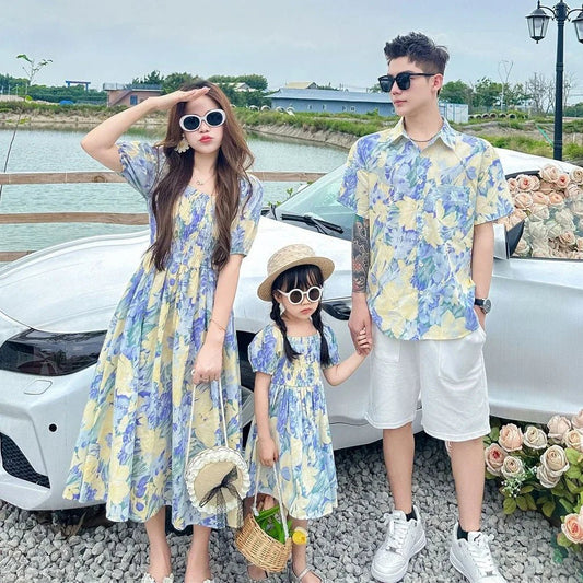 Holiday Look Family MatchingSon Floral Shirts Sister Brother Twins Clothing Clothes Vacation Mom Daughter Girls Smock Dress Dad - PratSN