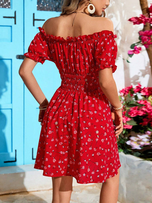 Holiday Off Shoulder Ruffle Trim High Waist Beach Dress For Women - PratSN