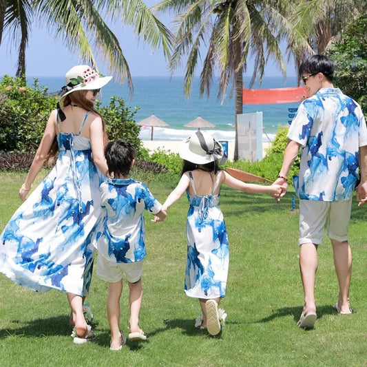 Holiday Resort Family Matching Blue Clothes Vacation Look Daughter Mom Dress Father and Son Beach Tops + Shorts 2 Piece Outfits - PratSN