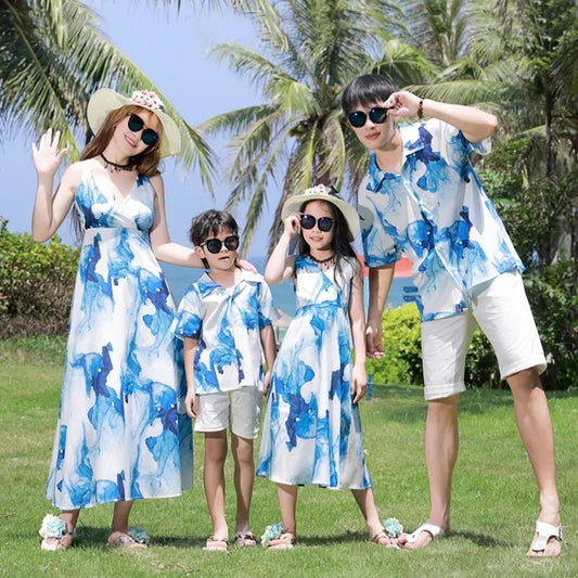 Holiday Resort Family Matching Blue Clothes Vacation Look Daughter Mom Dress Father and Son Beach Tops + Shorts 2 Piece Outfits - PratSN