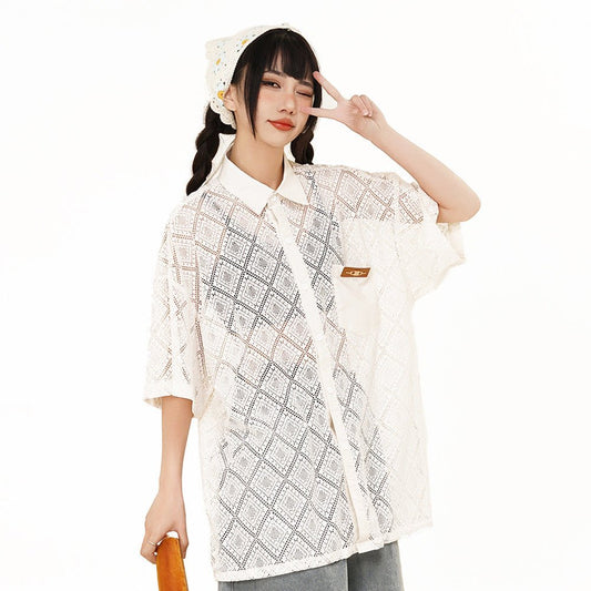 Hollow - out Crocheted Lace Short - sleeved Shirt - PratSN