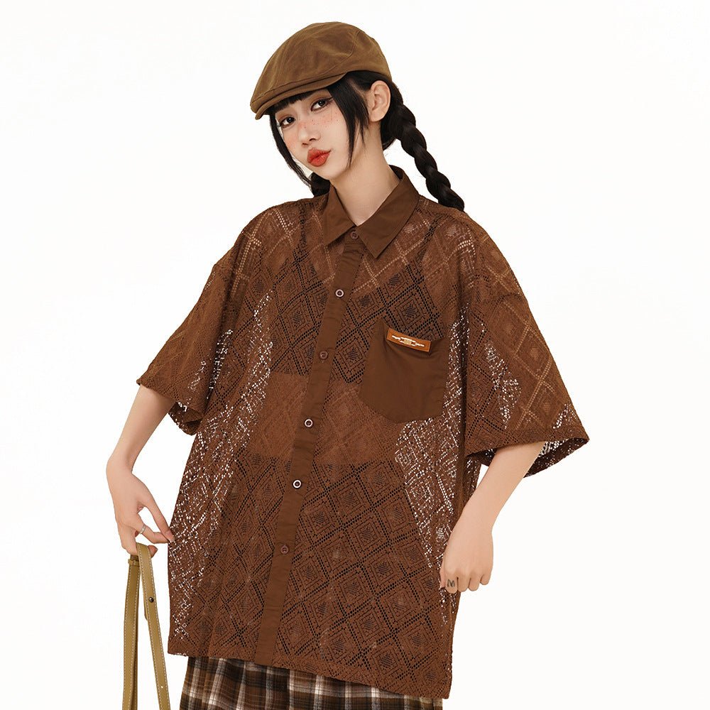 Hollow - out Crocheted Lace Short - sleeved Shirt - PratSN