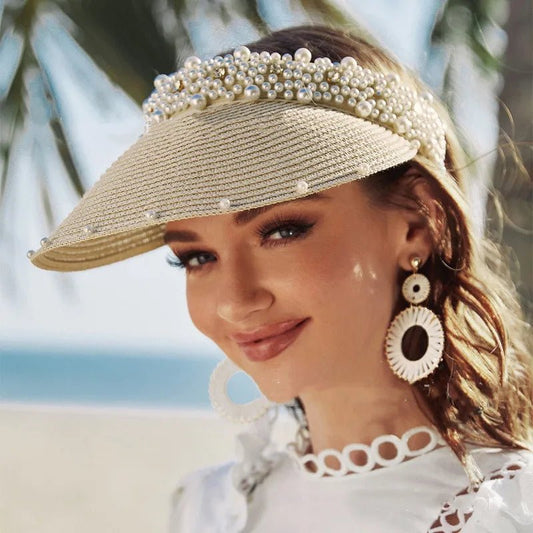 Imitation Pearl Empty Top Straw Hats for Women Casual Summer Beach Visor Caps Wide Large Brim Sun Protection Outdoor Sports Cap - PratSN