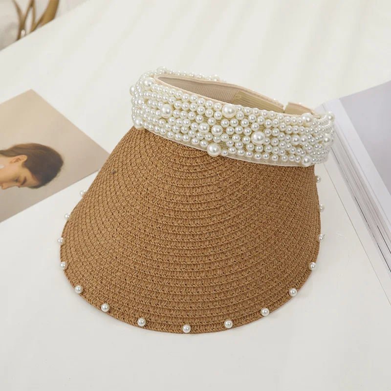 Imitation Pearl Empty Top Straw Hats for Women Casual Summer Beach Visor Caps Wide Large Brim Sun Protection Outdoor Sports Cap - PratSN