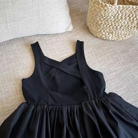 Infant Babys Girls Backless Sling Dress Cotton Solid Sleeveless Children Girls Dress Loose Flower Bud Dress For 2 - 7Y Kids Girls - PratSN