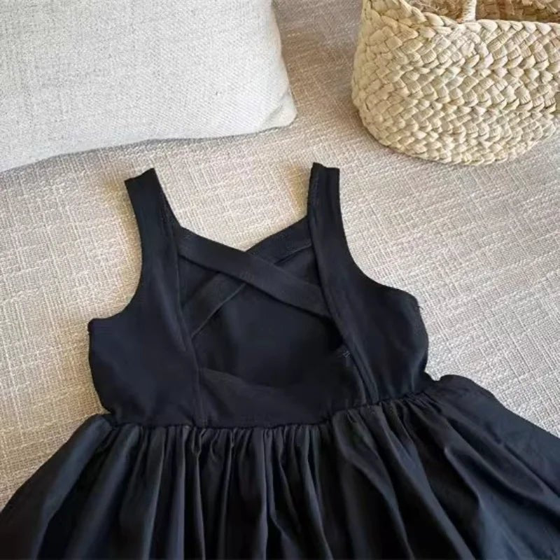 Infant Babys Girls Backless Sling Dress Cotton Solid Sleeveless Children Girls Dress Loose Flower Bud Dress For 2 - 7Y Kids Girls - PratSN
