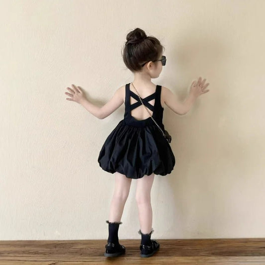 Infant Babys Girls Backless Sling Dress Cotton Solid Sleeveless Children Girls Dress Loose Flower Bud Dress For 2 - 7Y Kids Girls - PratSN