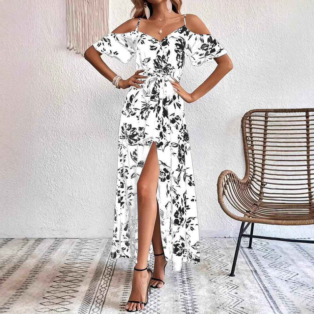 Ins Off - Shoulder Split Dress Summer Floral Print Suspender Long Dresses With Belt Design Women's Beach Clothing - PratSN