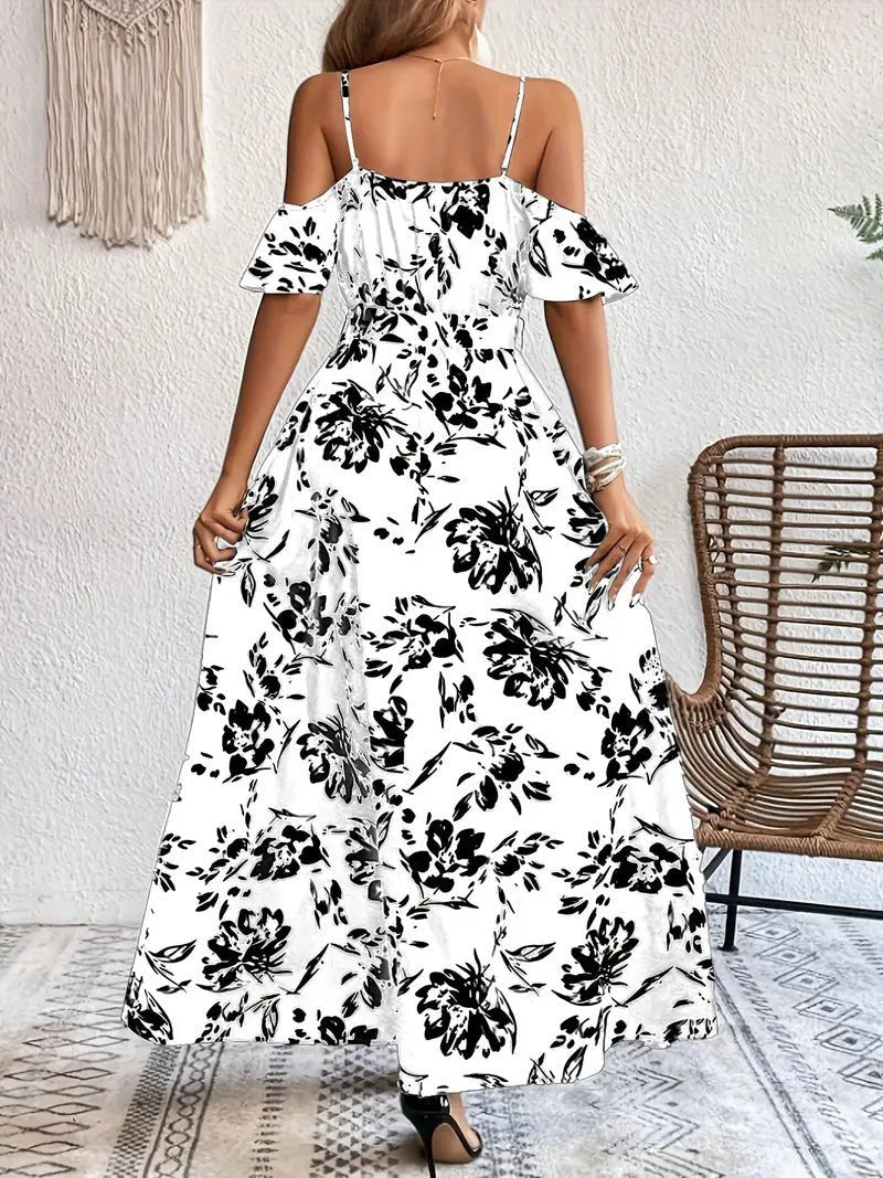 Ins Off - Shoulder Split Dress Summer Floral Print Suspender Long Dresses With Belt Design Women's Beach Clothing - PratSN
