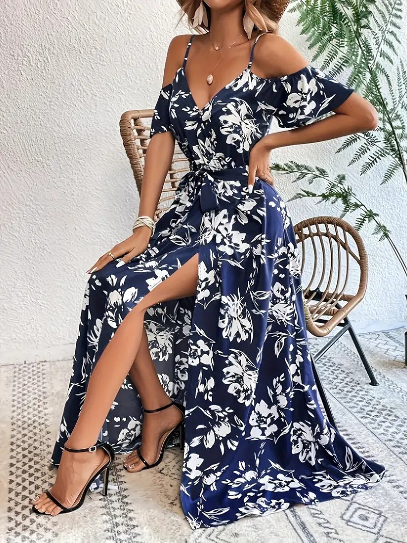 Ins Off - Shoulder Split Dress Summer Floral Print Suspender Long Dresses With Belt Design Women's Beach Clothing - PratSN