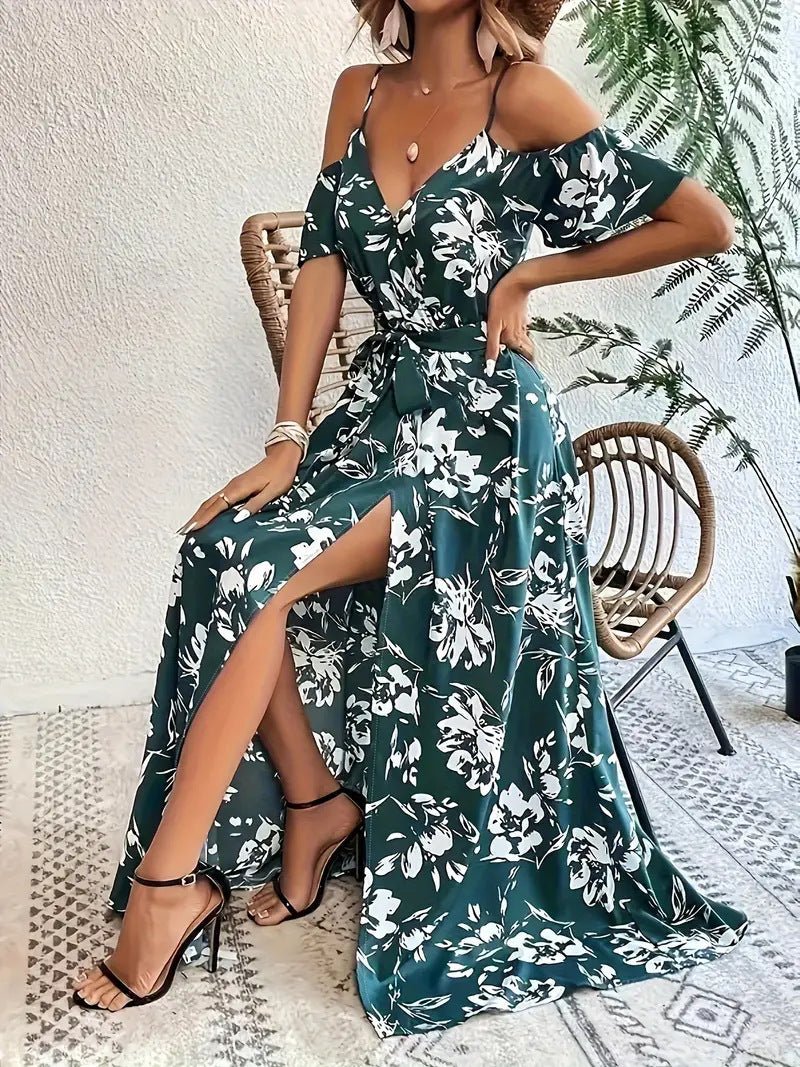 Ins Off - Shoulder Split Dress Summer Floral Print Suspender Long Dresses With Belt Design Women's Beach Clothing - PratSN