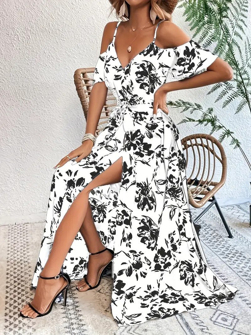 Ins Off - Shoulder Split Dress Summer Floral Print Suspender Long Dresses With Belt Design Women's Beach Clothing - PratSN