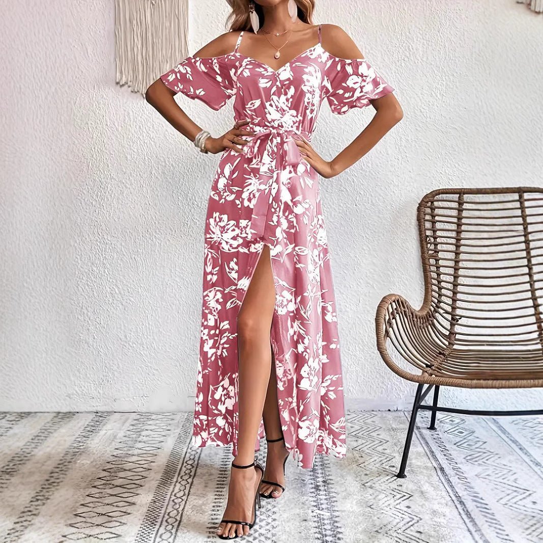 Ins Off - Shoulder Split Dress Summer Floral Print Suspender Long Dresses With Belt Design Women's Beach Clothing - PratSN
