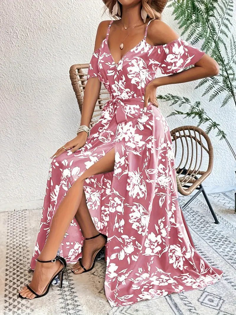 Ins Off - Shoulder Split Dress Summer Floral Print Suspender Long Dresses With Belt Design Women's Beach Clothing - PratSN