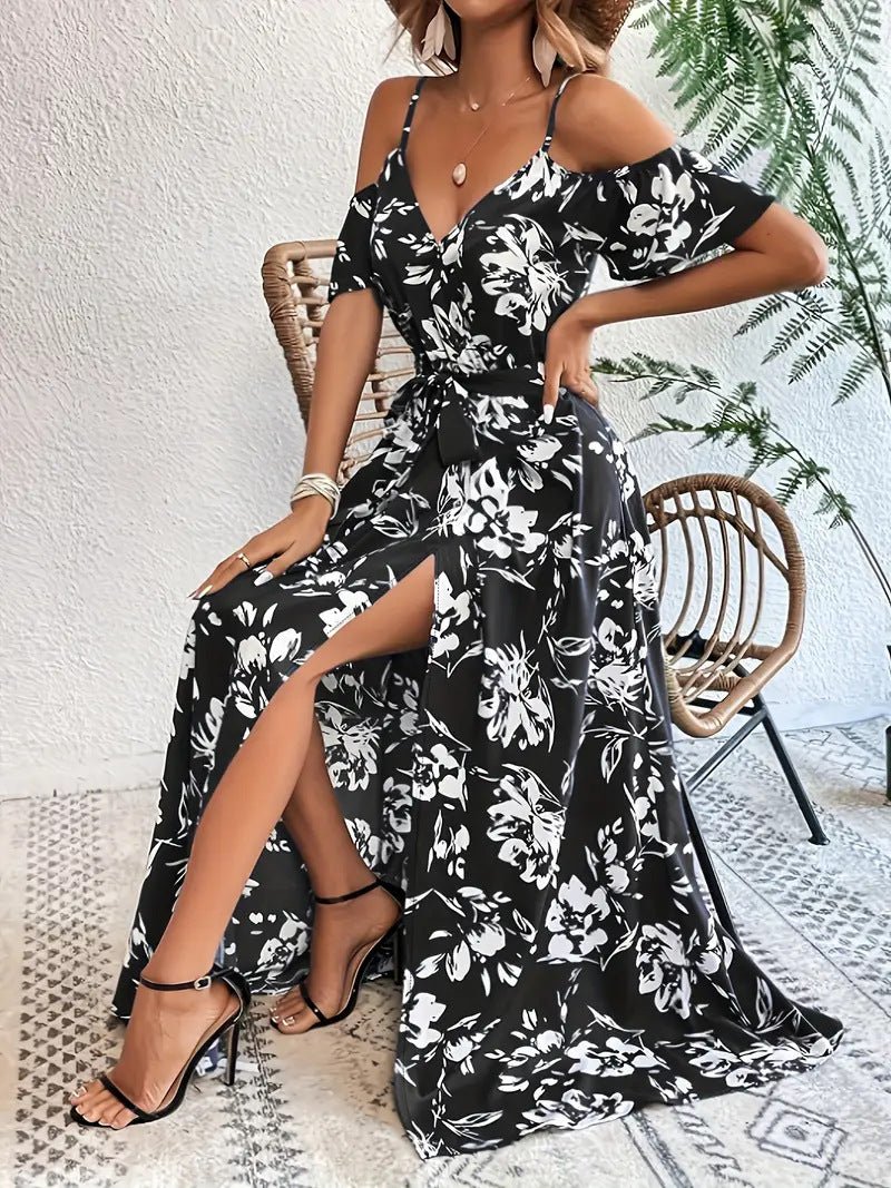 Ins Off - Shoulder Split Dress Summer Floral Print Suspender Long Dresses With Belt Design Women's Beach Clothing - PratSN