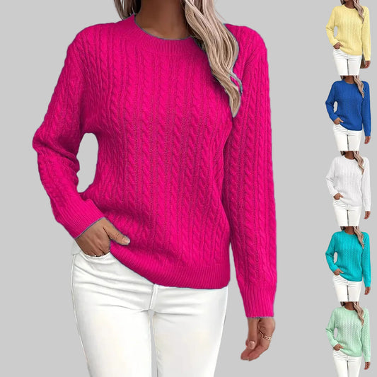Ins Twist Round Neck Pullover Sweater Fashion Solid Color Long - sleeved Knitted Top For Women - PratSN