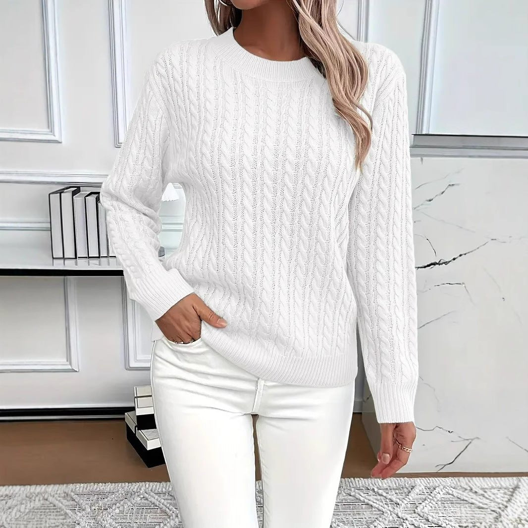 Ins Twist Round Neck Pullover Sweater Fashion Solid Color Long - sleeved Knitted Top For Women - PratSN