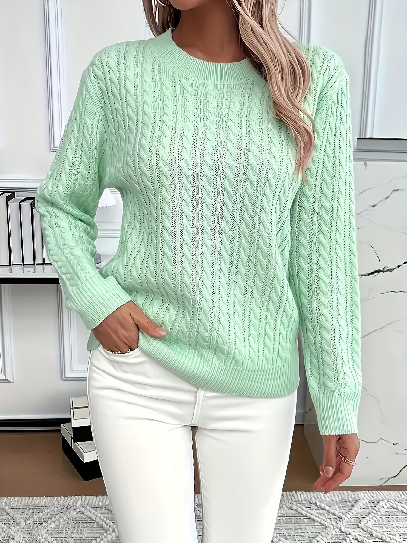 Ins Twist Round Neck Pullover Sweater Fashion Solid Color Long - sleeved Knitted Top For Women - PratSN