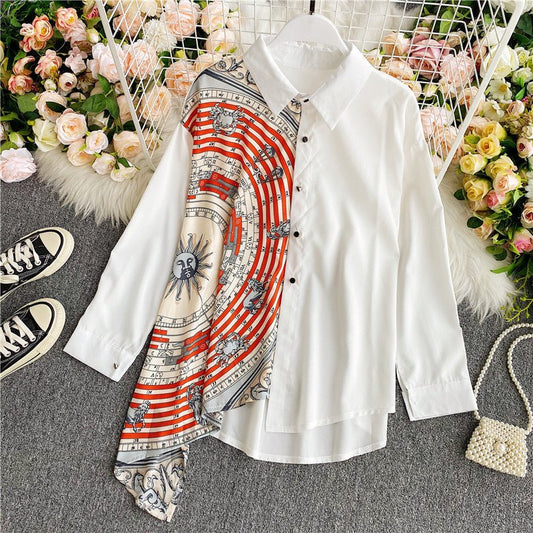 Irregular contrast color women loose shirt - PratSN