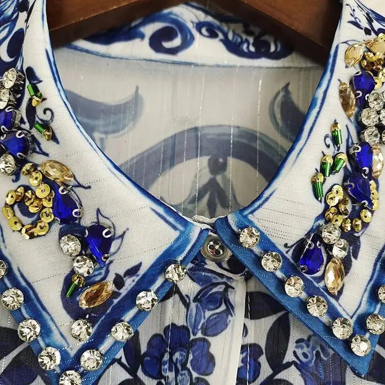 JAMERARY Runway floral print Beaded Crystal Long Sleeve Maxi Shirt Dress Women Blue White Porcelain Faux Silk Chiffon Vestidos - PratSN