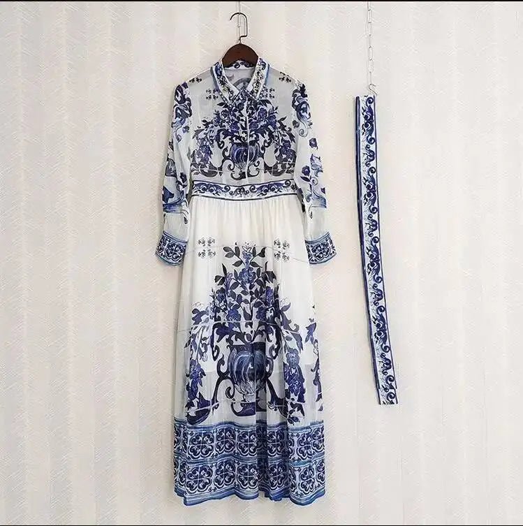 JAMERARY Runway floral print Beaded Crystal Long Sleeve Maxi Shirt Dress Women Blue White Porcelain Faux Silk Chiffon Vestidos - PratSN