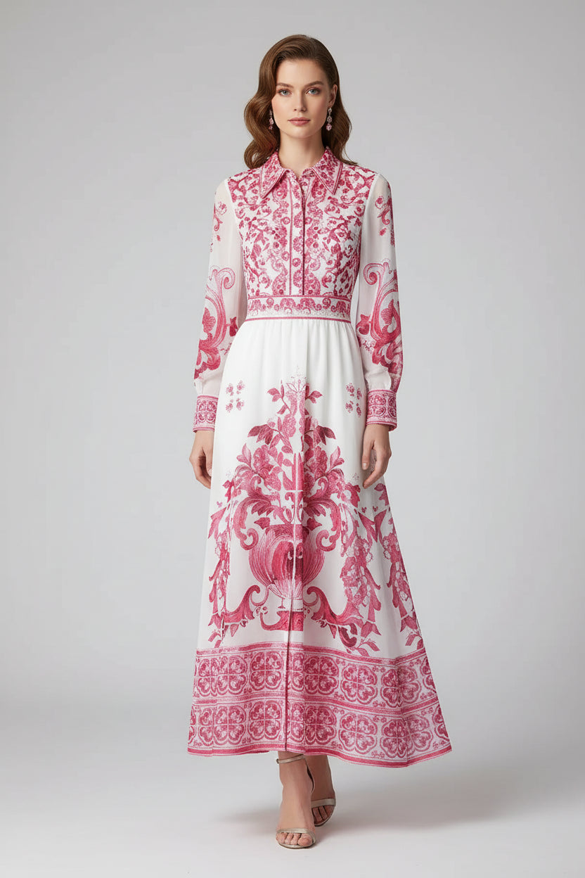 JAMERARY Runway floral print Beaded Crystal Long Sleeve Maxi Shirt Dress Women Blue White Porcelain Faux Silk Chiffon Vestidos - PratSN