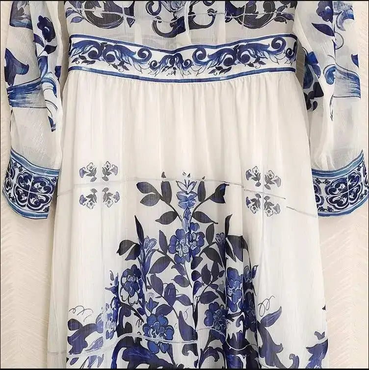 JAMERARY Runway floral print Beaded Crystal Long Sleeve Maxi Shirt Dress Women Blue White Porcelain Faux Silk Chiffon Vestidos - PratSN