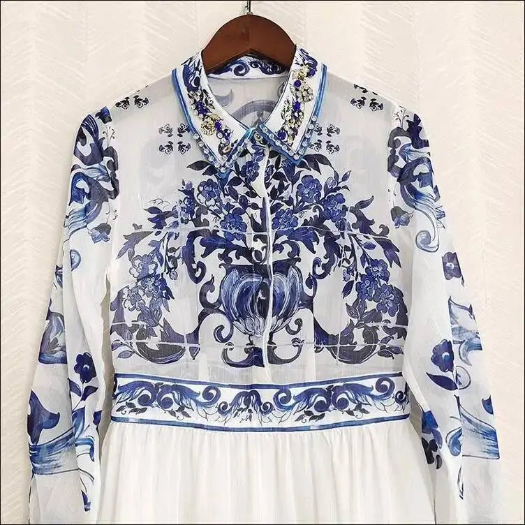 JAMERARY Runway floral print Beaded Crystal Long Sleeve Maxi Shirt Dress Women Blue White Porcelain Faux Silk Chiffon Vestidos - PratSN