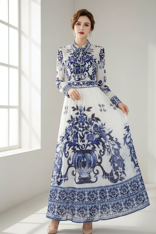 JAMERARY Runway floral print Beaded Crystal Long Sleeve Maxi Shirt Dress Women Blue White Porcelain Faux Silk Chiffon Vestidos - PratSN