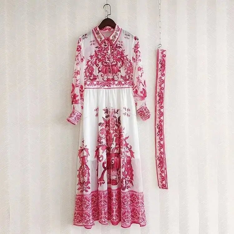 JAMERARY Runway floral print Beaded Crystal Long Sleeve Maxi Shirt Dress Women Blue White Porcelain Faux Silk Chiffon Vestidos - PratSN