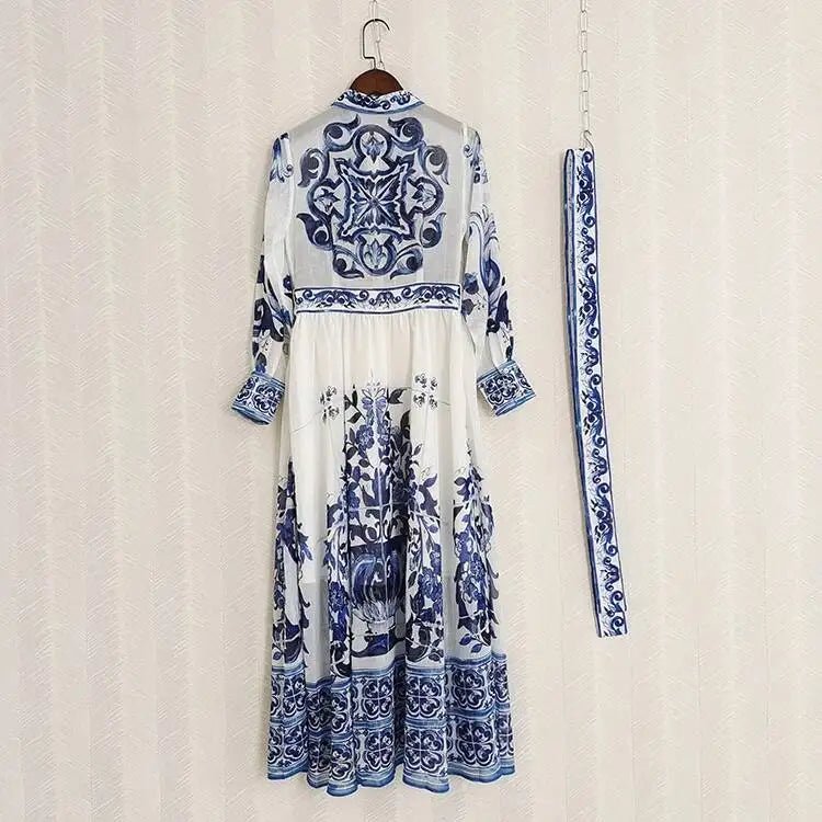 JAMERARY Runway floral print Beaded Crystal Long Sleeve Maxi Shirt Dress Women Blue White Porcelain Faux Silk Chiffon Vestidos - PratSN