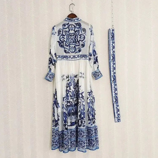 JAMERARY Runway floral print Beaded Crystal Long Sleeve Maxi Shirt Dress Women Blue White Porcelain Faux Silk Chiffon Vestidos - PratSN