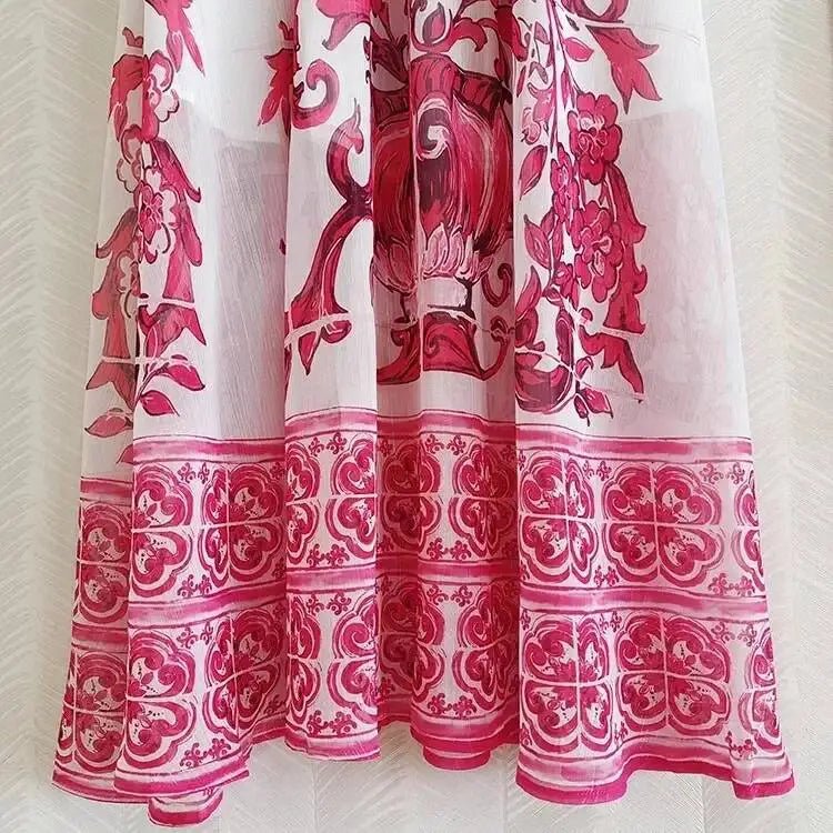 JAMERARY Runway floral print Beaded Crystal Long Sleeve Maxi Shirt Dress Women Blue White Porcelain Faux Silk Chiffon Vestidos - PratSN