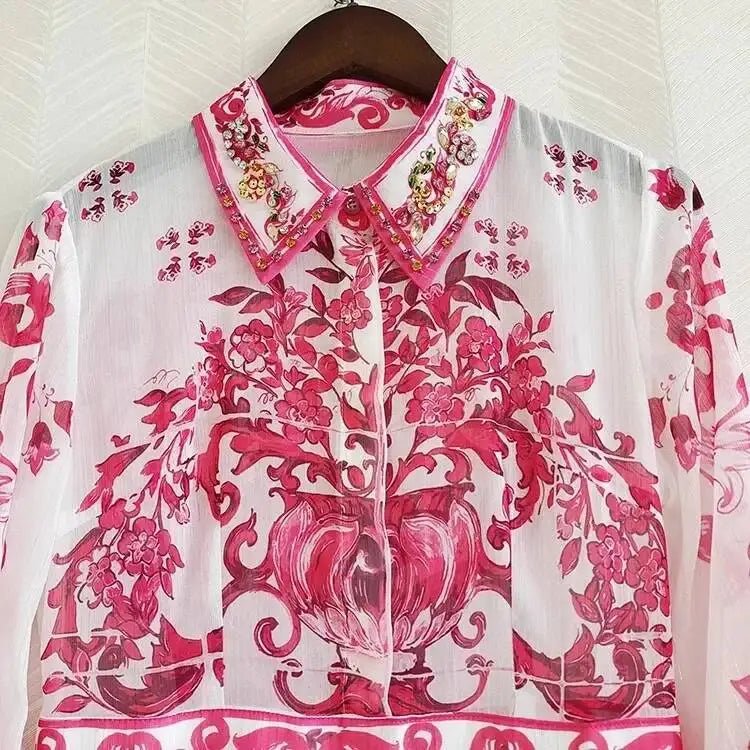 JAMERARY Runway floral print Beaded Crystal Long Sleeve Maxi Shirt Dress Women Blue White Porcelain Faux Silk Chiffon Vestidos - PratSN