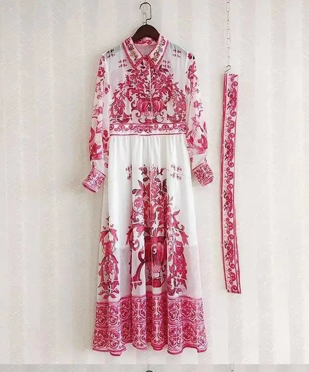 JAMERARY Runway floral print Beaded Crystal Long Sleeve Maxi Shirt Dress Women Blue White Porcelain Faux Silk Chiffon Vestidos - PratSN