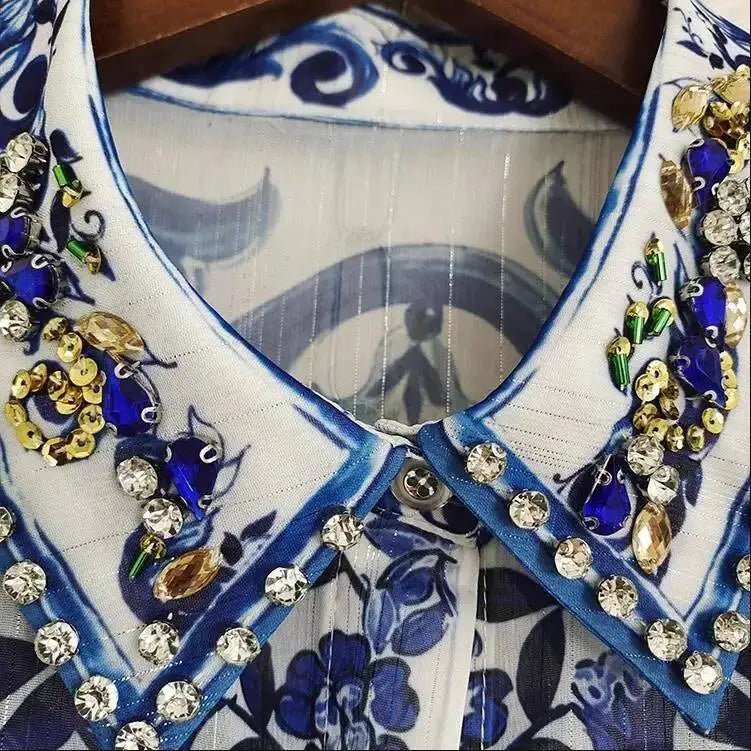 JAMERARY Runway floral print Beaded Crystal Long Sleeve Maxi Shirt Dress Women Blue White Porcelain Faux Silk Chiffon Vestidos - PratSN
