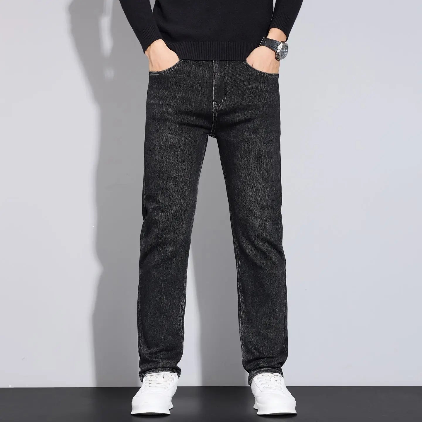 JEAN New Business Men's Jeans Casual Straight Stretch Fashion Classic Blue Black Work Denim Trousers - PratSN