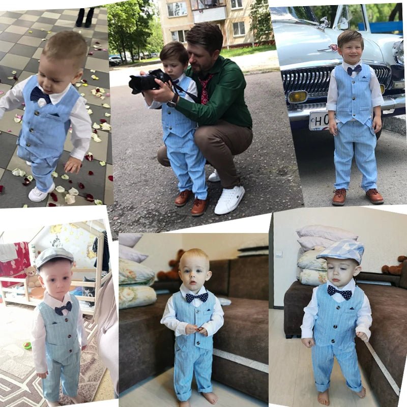 Kid Boy Formal Birthday Outfit Suit Toddler Gentleman Wedding Striped Vest Shirt 1 - 6 Years Baby Pants Boys Ceremony Outerwear - PratSN