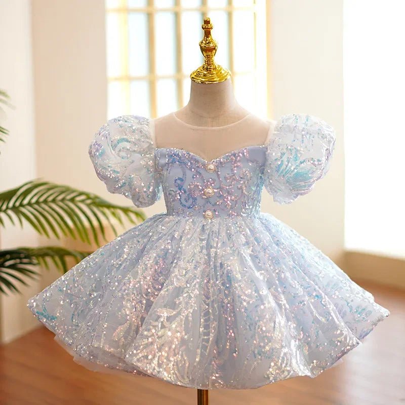 Kids Birthday Party Dresses for Little Girl Size 2 To 14 Years Prom Sequin Dress Luxury Gowns Sky Blue Evening Formal Frock - PratSN