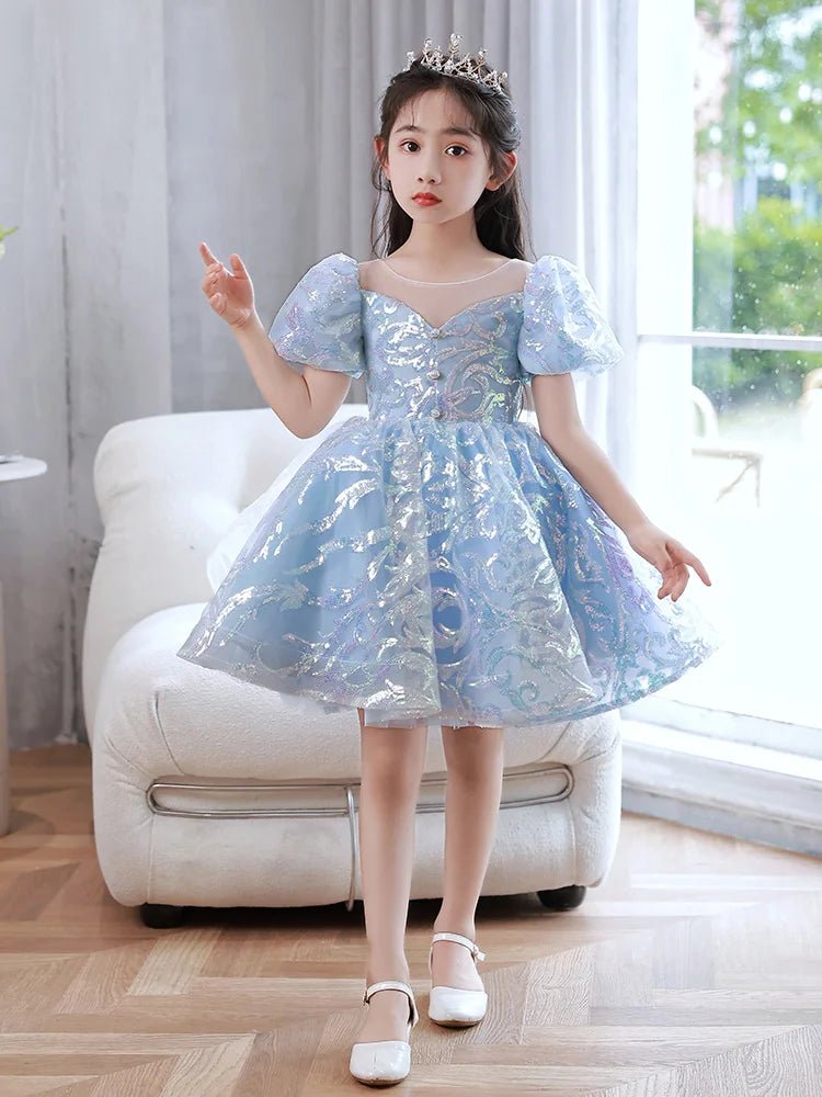 Kids Birthday Party Dresses for Little Girl Size 2 To 14 Years Prom Sequin Dress Luxury Gowns Sky Blue Evening Formal Frock - PratSN