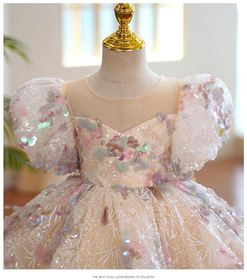Kids Birthday Party Dresses for Little Girl Size 2 To 14 Years Prom Sequin Dress Luxury Gowns Sky Blue Evening Formal Frock - PratSN