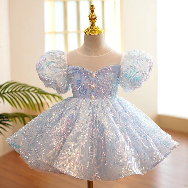 Kids Birthday Party Dresses for Little Girl Size 2 To 14 Years Prom Sequin Dress Luxury Gowns Sky Blue Evening Formal Frock - PratSN