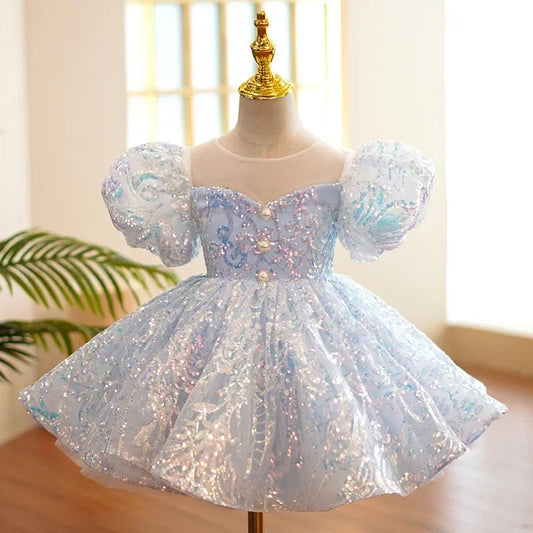 Kids Birthday Party Dresses for Little Girl Size 2 To 14 Years Prom Sequin Dress Luxury Gowns Sky Blue Evening Formal Frock - PratSN