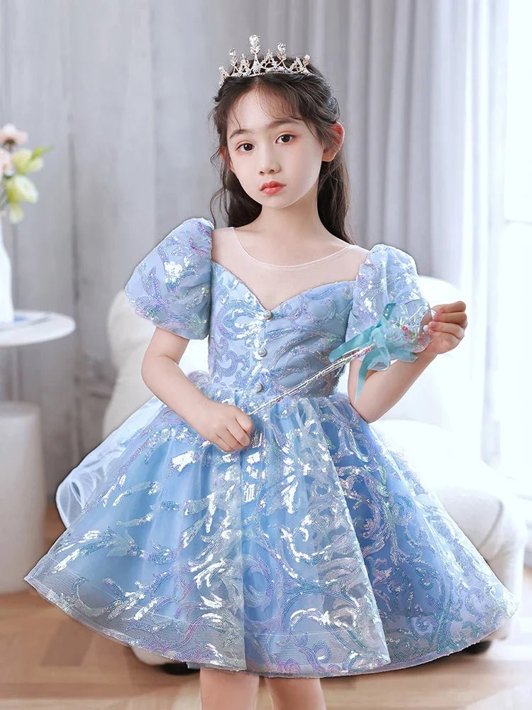 Kids Birthday Party Dresses for Little Girl Size 2 To 14 Years Prom Sequin Dress Luxury Gowns Sky Blue Evening Formal Frock - PratSN